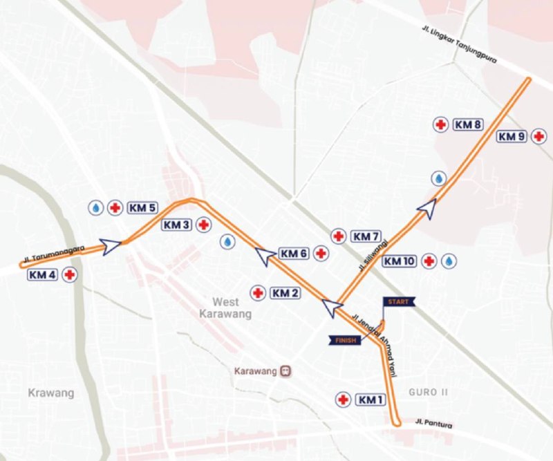Peta rute 10K di Karawang dengan penanda KM 1 sampai KM 10, start, finish, dan titik layanan