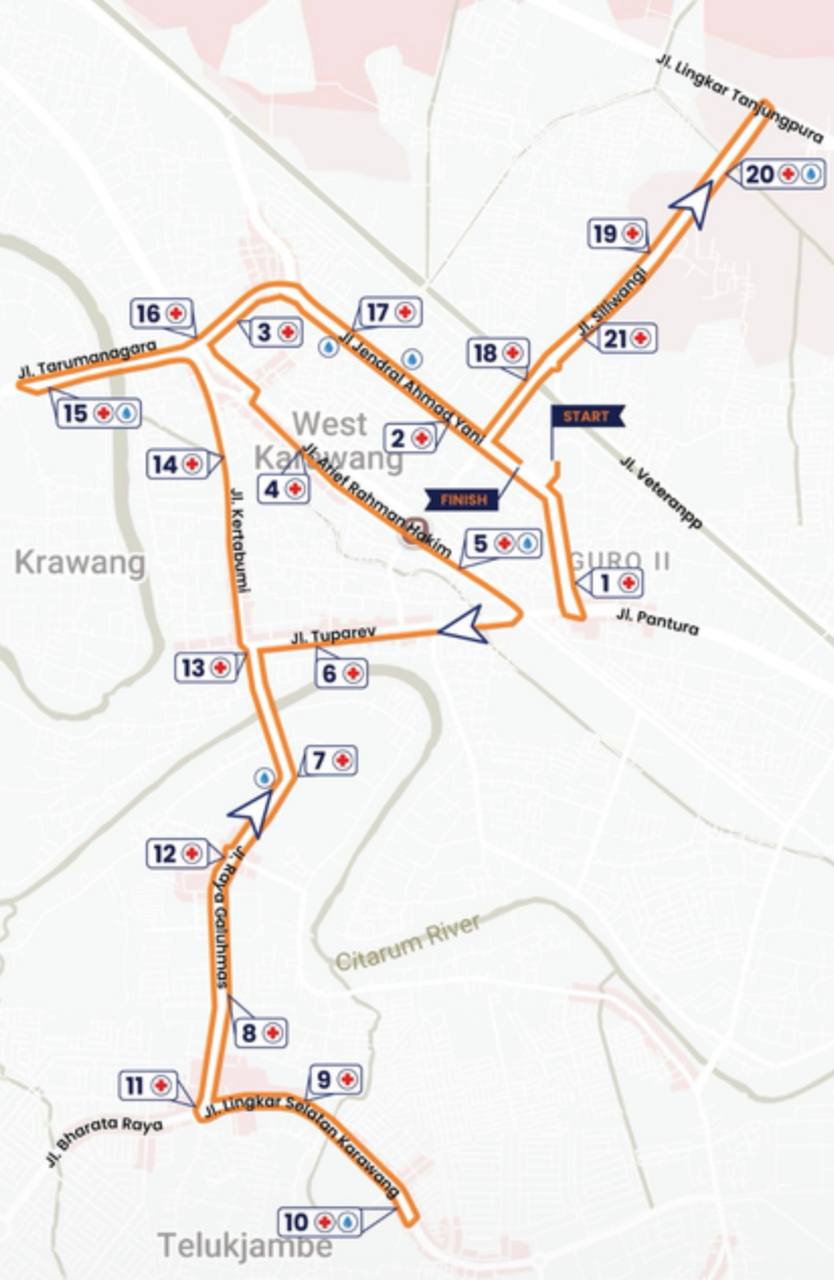 Peta rute half marathon 21K di Karawang dengan penanda KM 1 sampai KM 21, start, finish, dan titik layanan