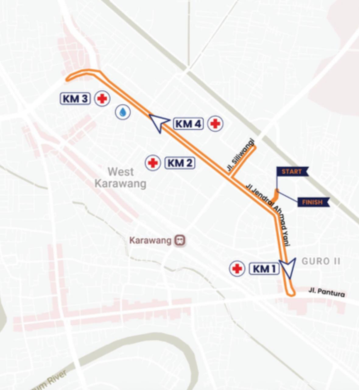 Peta rute 5K di Karawang dengan penanda KM 1 sampai KM 4, start, finish, dan water station